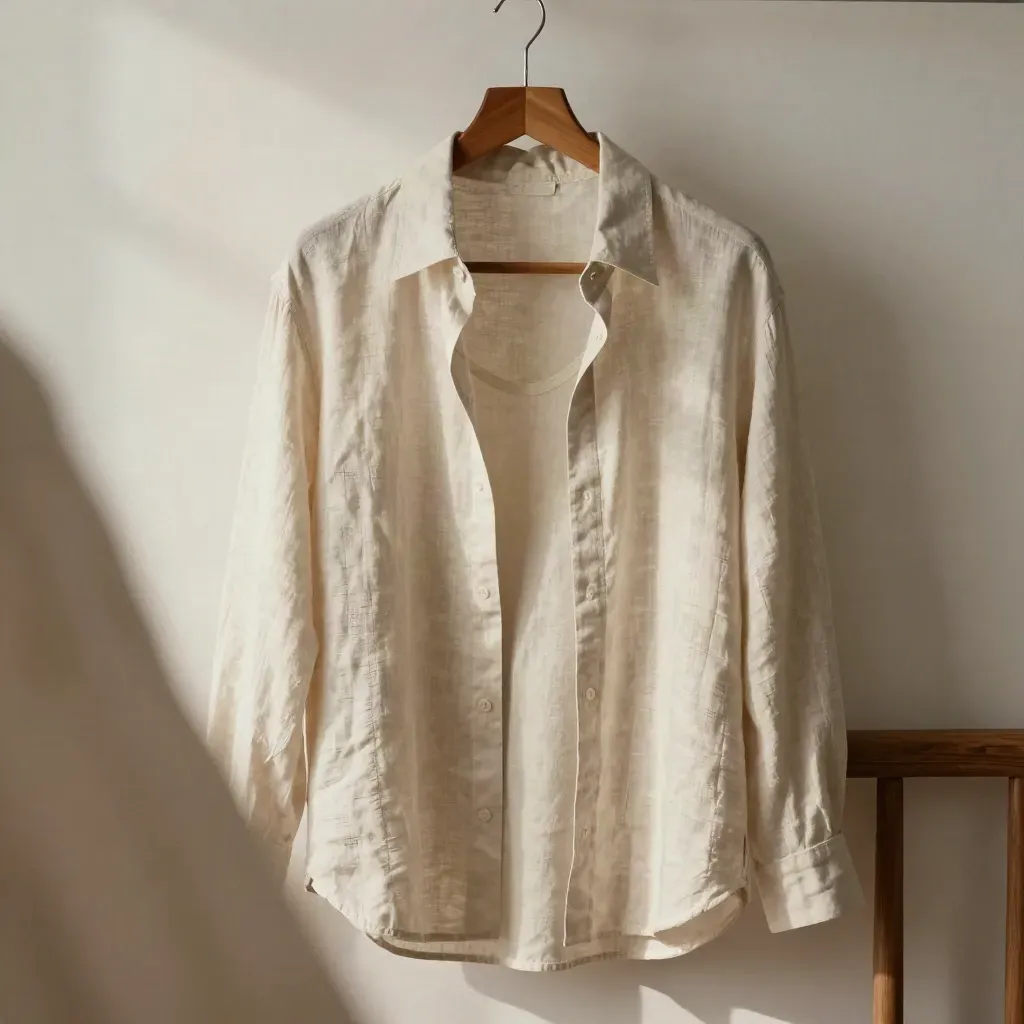 Off-white linen blend shirt on wooden hanger, close-up weave detail, relaxed fit