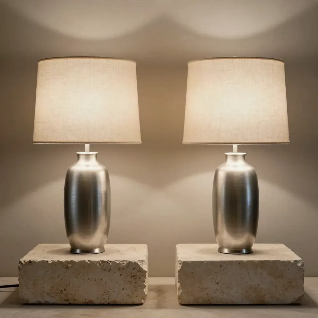 Two glowing table lamps on stone plinths in a premium studio product hero setup.