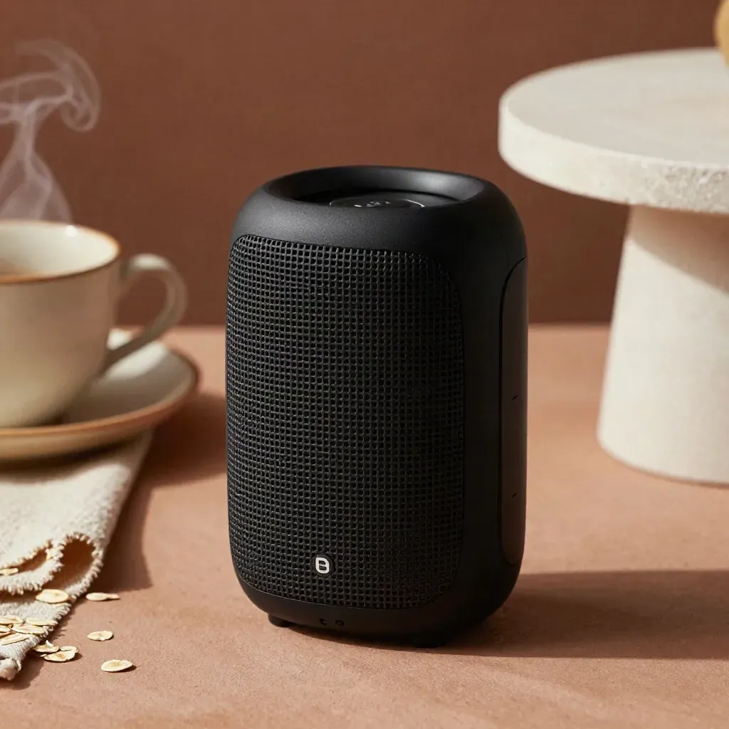 Matte black bluetooth speaker beside a throw, cup, and plaster side table