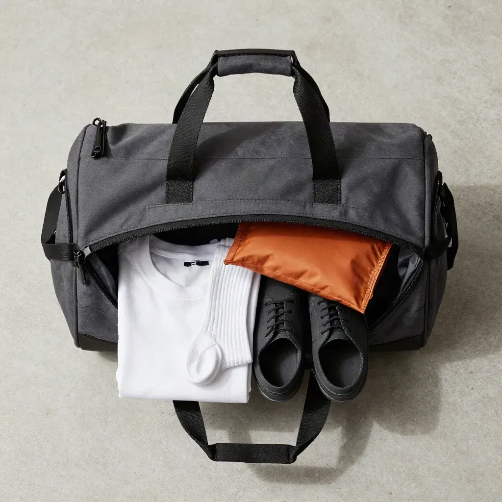 Overhead charcoal duffel with folded tee, socks, shoes and a burnt-orange pouch on pale concrete.