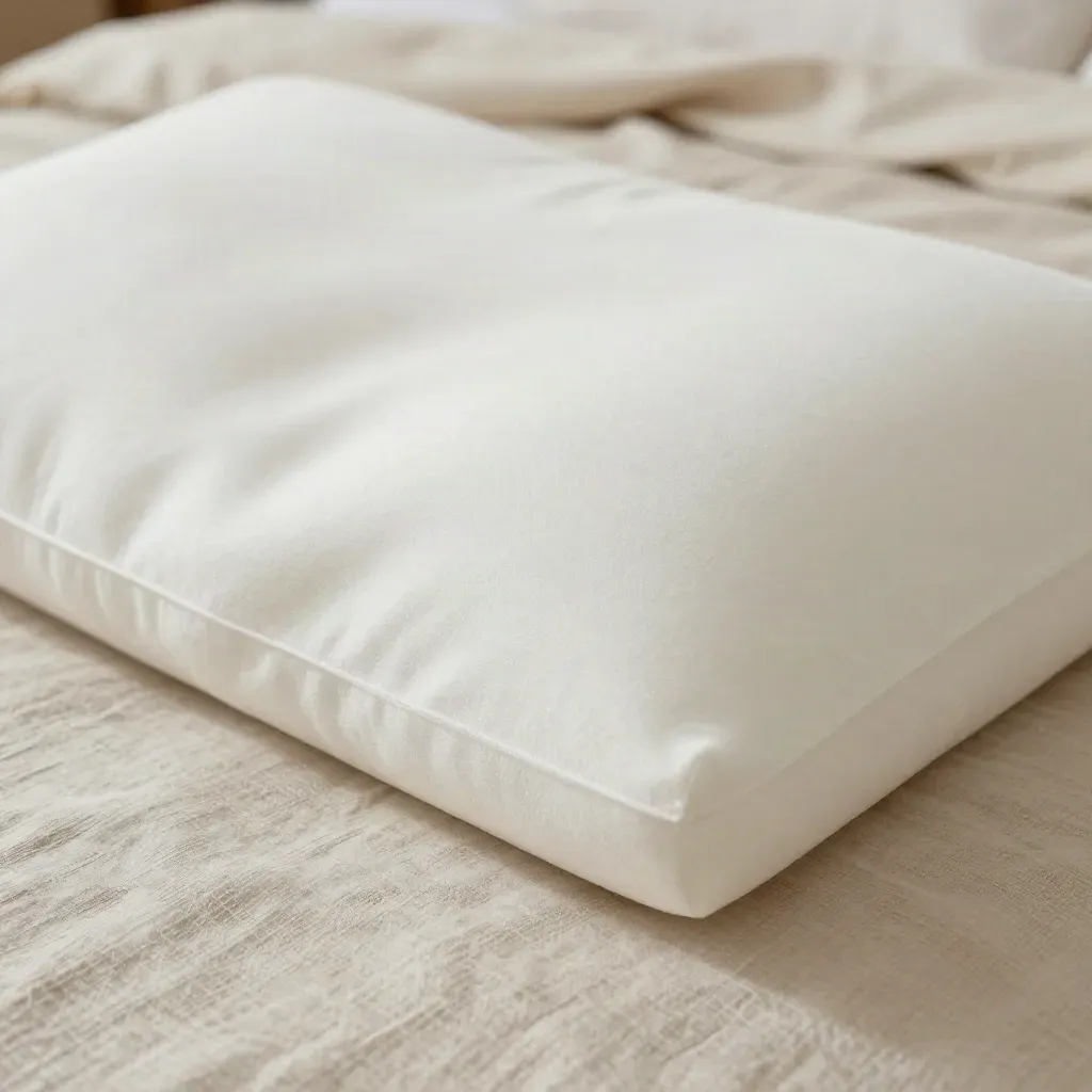Memory foam pillow rebounding beside linen sheets and a folded quilt