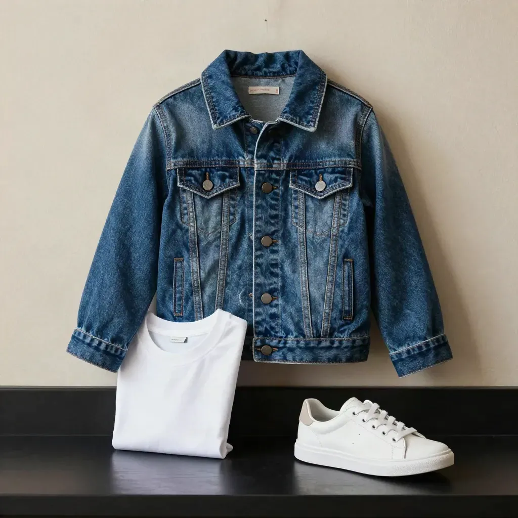 Washed indigo girls denim jacket with tee and sneaker prop against a warm plaster wall.