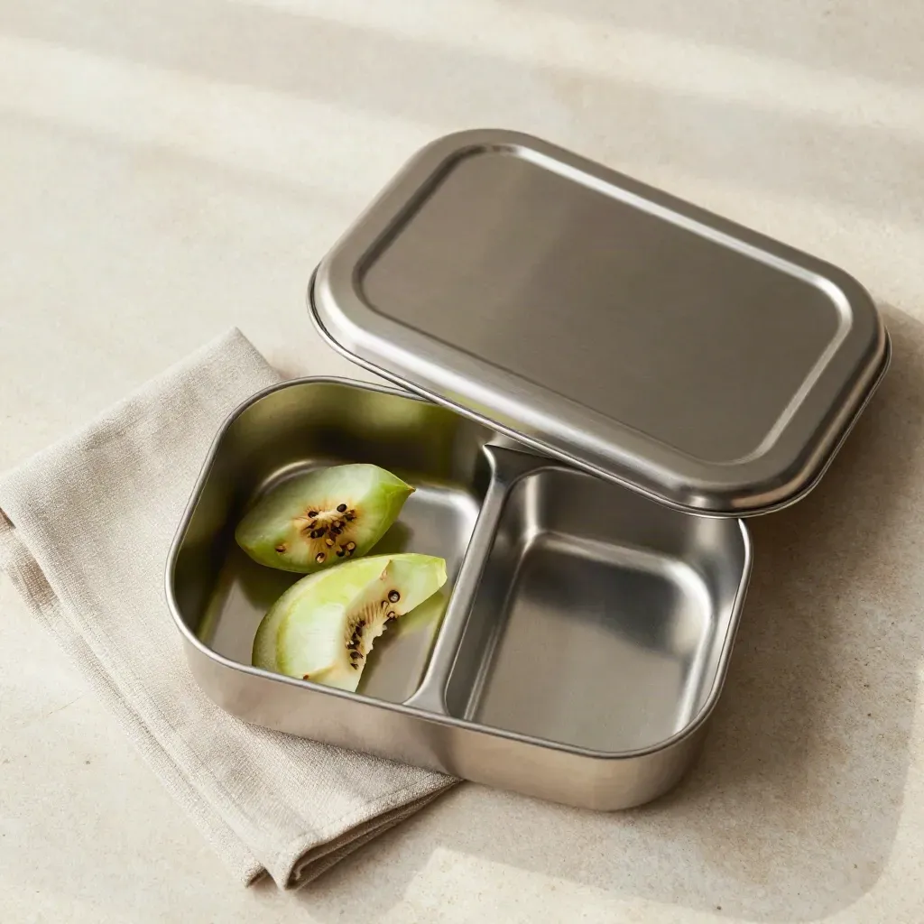 Overhead stainless lunch box half-open with napkin and fruit on pale stone.