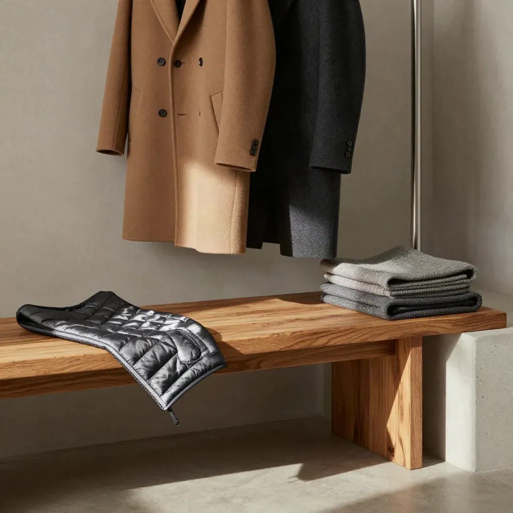 Warm oak coat rail with wool outerwear, bench, and soft light in a calm interior