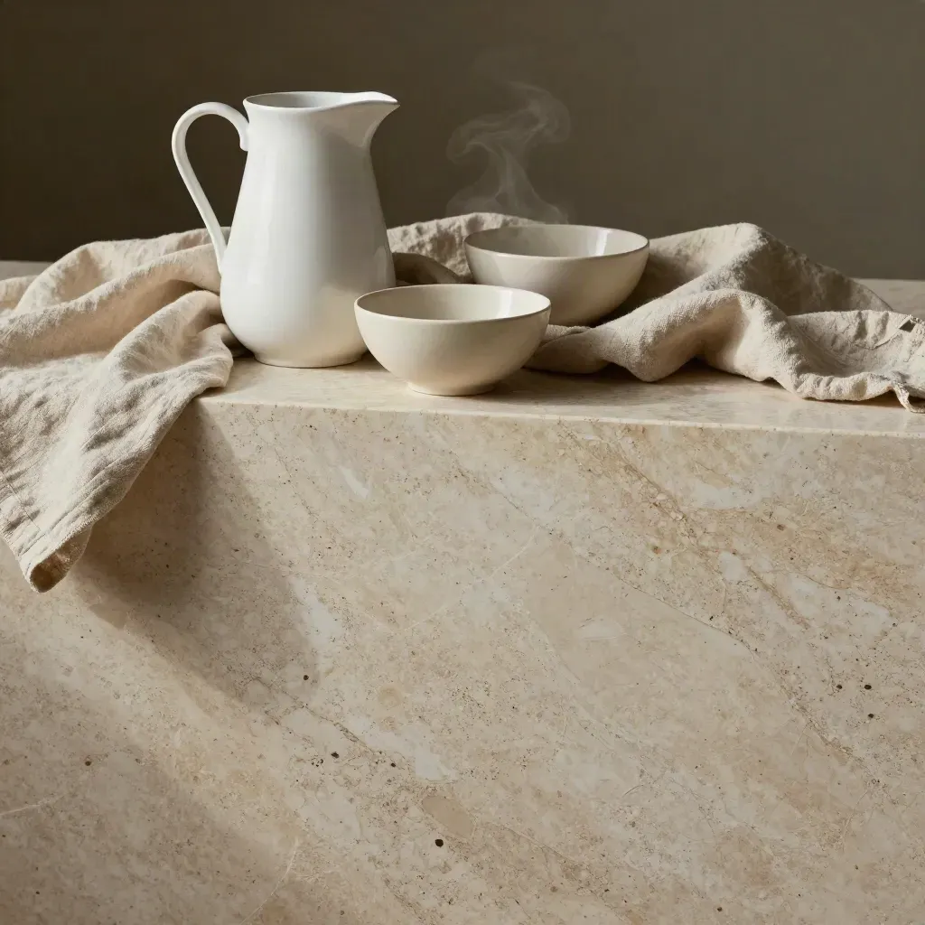 Travertine still life with a white pitcher, bowls, and linen folds in soft upper light.
