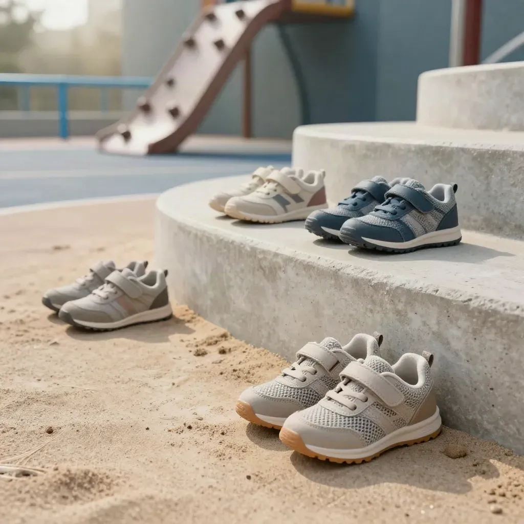 Damp kids sneakers on sunlit concrete steps with a blurred play frame above.