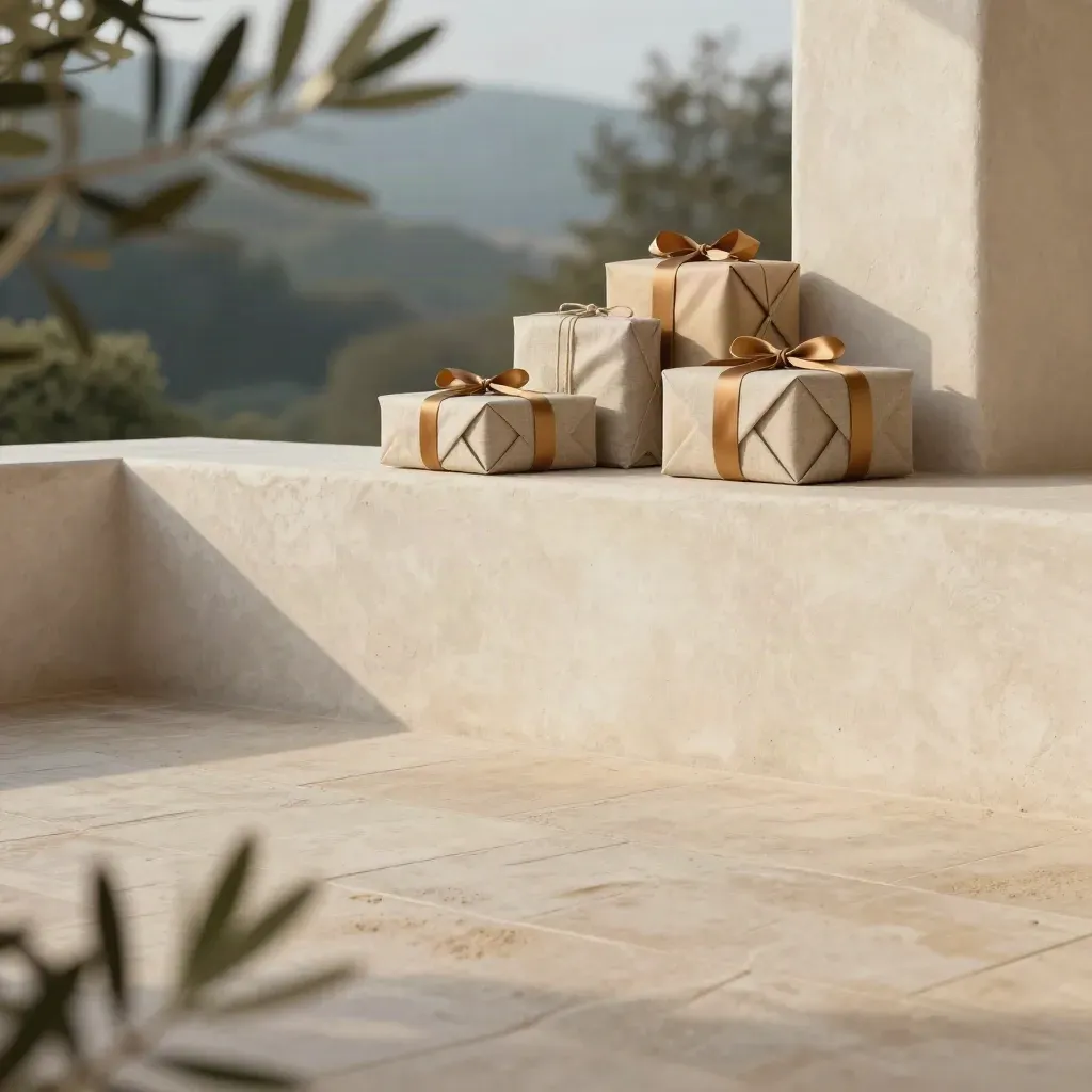 Pale stone courtyard with olive branches and wrapped gifts in warm evening light.