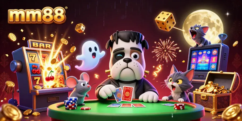 Engage with mm88 as a captivating casino scene featuring whimsical characters and exciting game elements.