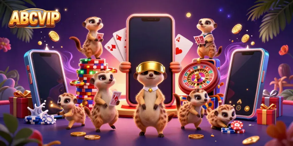 Experience the dynamic casino operation of meerkats at ABCVIP, featuring colorful slot games and festive decor.