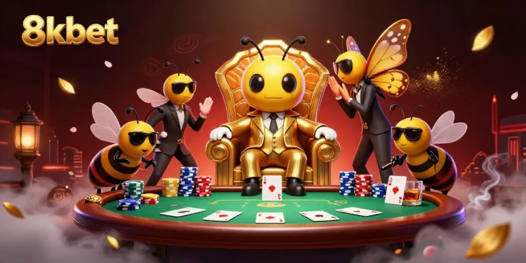 Experience the thrill of 8xbet with a mob boss and elite guards in a vibrant casino scene.