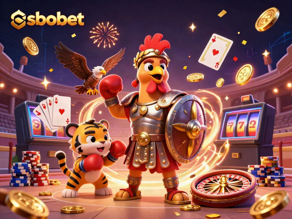 Experience sbobet action in a vibrant, animated gambling scene with a rooster and tiger cub.