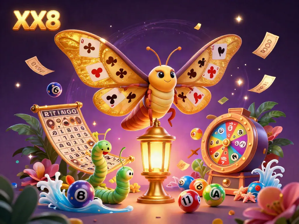 Experience the world of XX8 with vibrant lottery elements and a majestic moth, illuminating casino excitement.