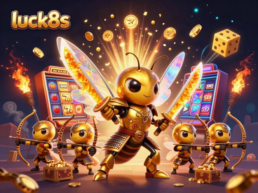 Experience thrilling jackpots with luck8s featuring a golden hornet samurai amidst vibrant casino elements.