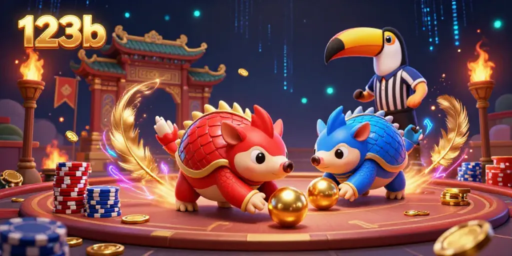 Experience the excitement of 123b with rival pangolins bowling through poker chips in a vibrant casino scene.