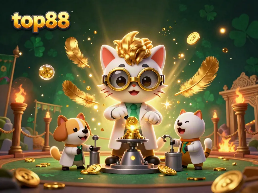 Engage with top88's thrilling casino games, with a cartoon cat and dog generating gold coins in a vibrant scene.