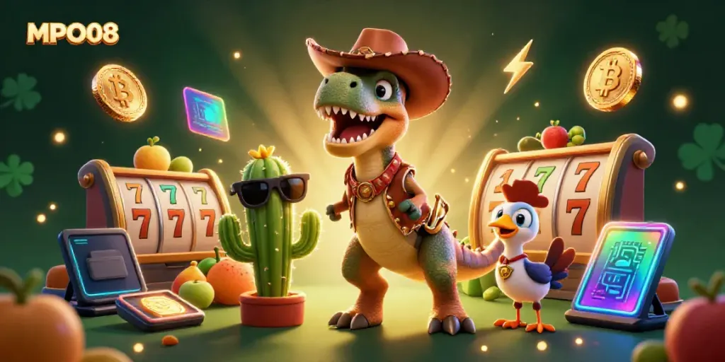 MPO08 interactive slot experience featuring a dinosaur cowboy and vibrant game elements, showcasing excitement and winning opportunities.