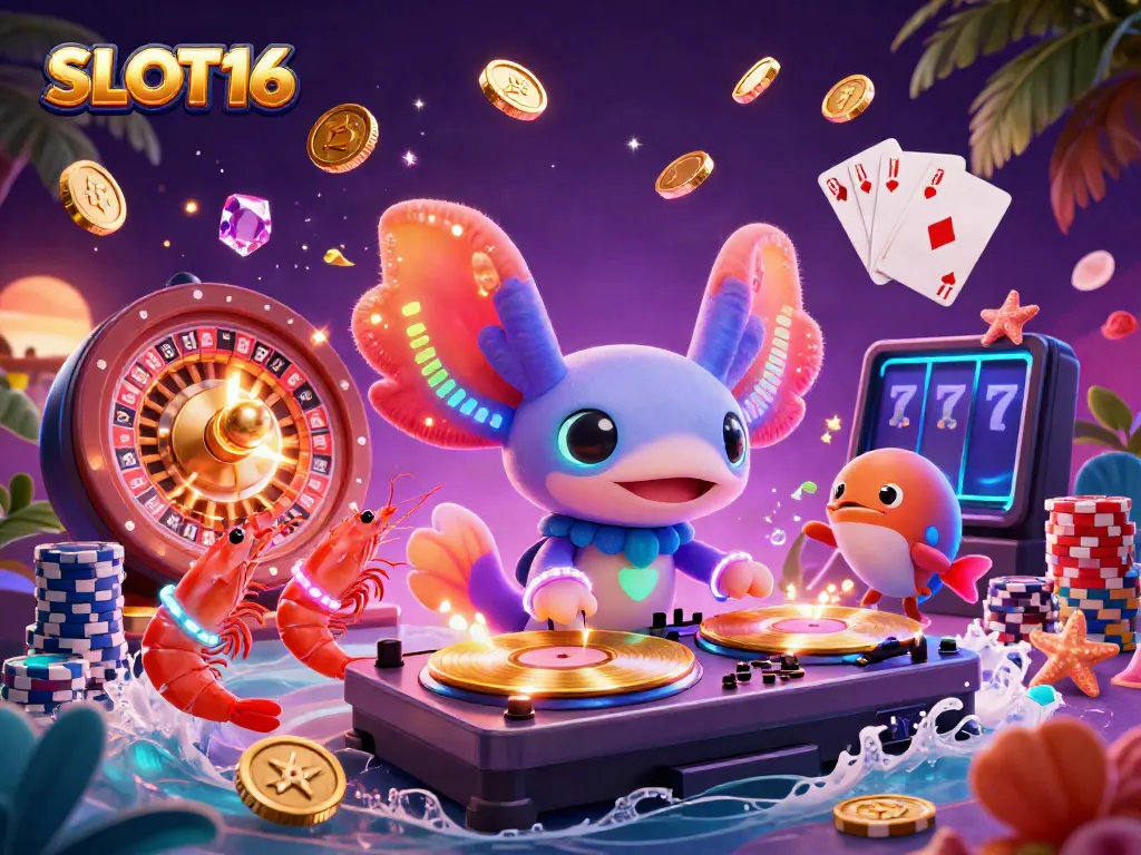 SLOT16 illustration featuring a neon axolotl DJ and lively shrimp dancers amidst a vibrant casino scene.