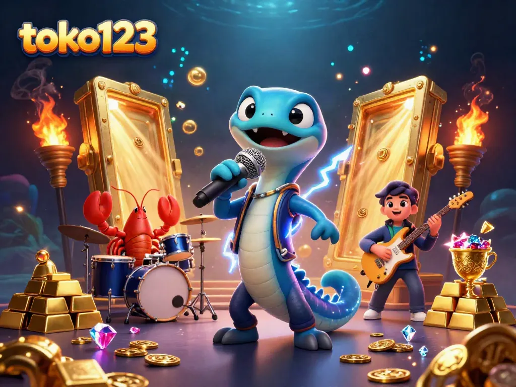Capture exciting gameplay at toko123 with an electric DJ eel, lobster drummer, and seahorse guitarist in a vibrant underwater casino setting.