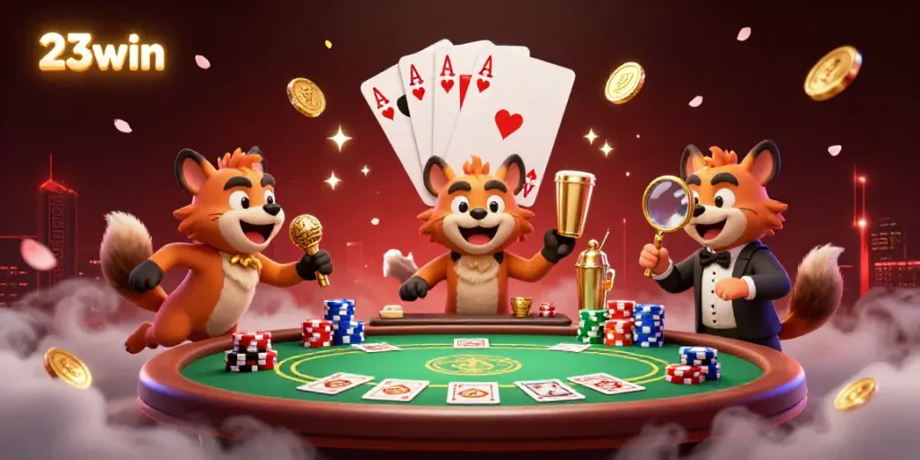Experience laughter and fun at 23win's vibrant comedy casino, where hyenas entertain with poker games.