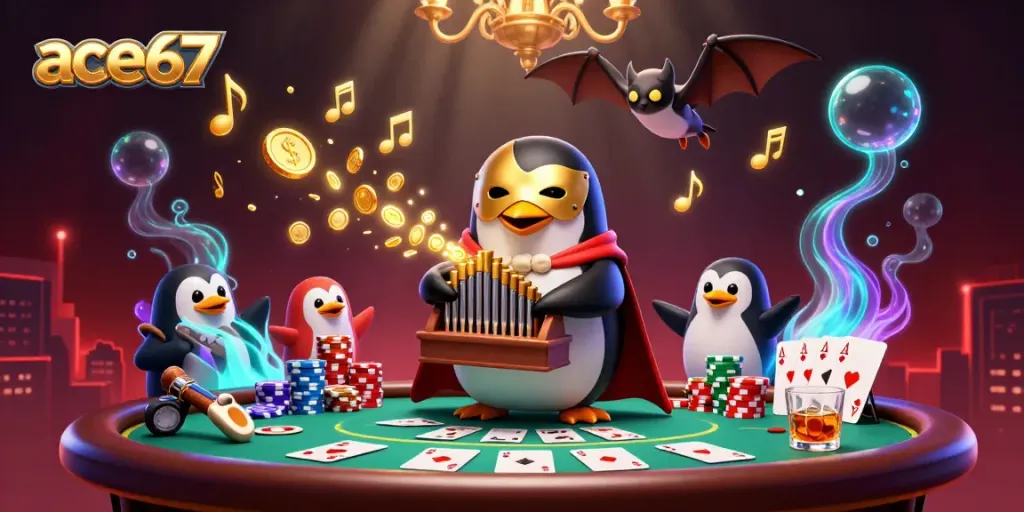 Experience the thrill of ace67 with a vibrant 3D casino illustration featuring a playful penguin and bat acrobat.