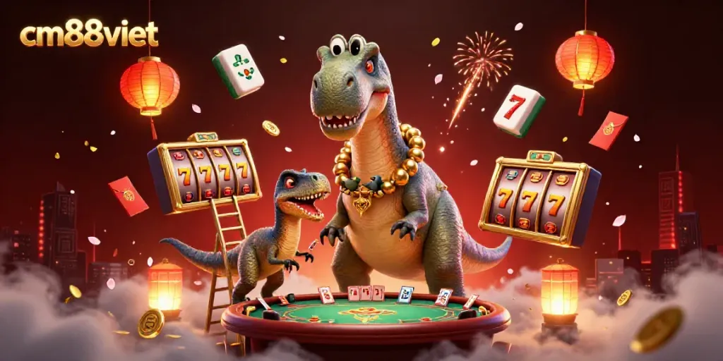 Engage with cm88viet's vibrant casino world, where a brontosaurus oversees a lively poker scene.