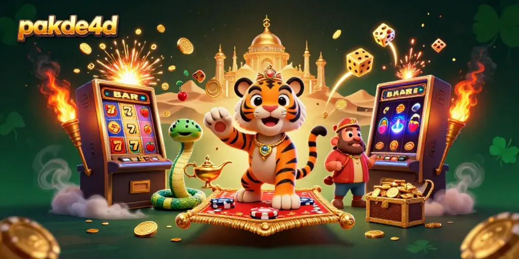Pakde4d menghadirkan sultan macan dalam ilustrasi kasino 3D yang cerah dengan mesin slot dan harta karun.