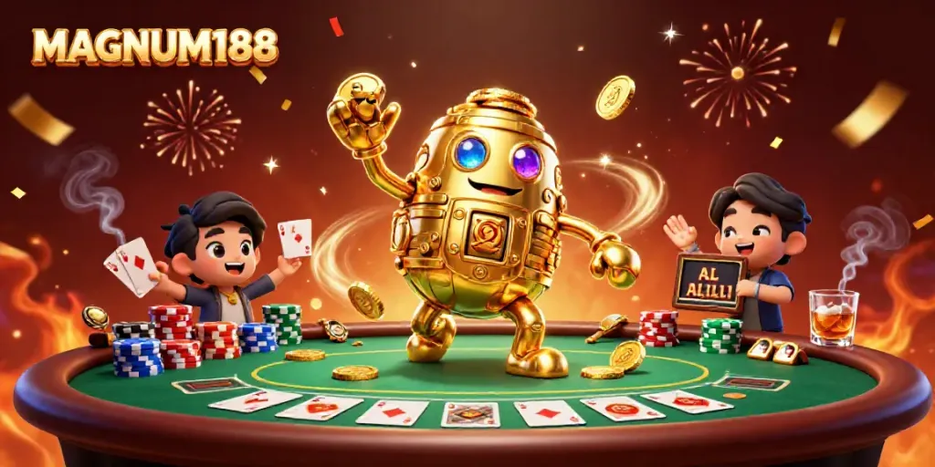 Engage in the excitement of MAGNUM188 with golden golem and vibrant poker elements.