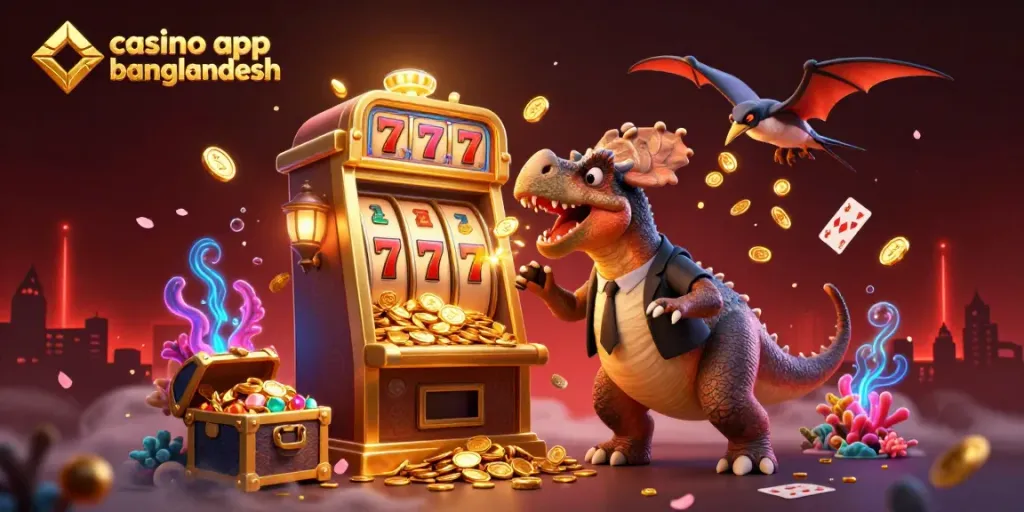 Experience thrilling wins on the casino app Bangladesh with a humorous dinosaur scene celebrating a jackpot.
