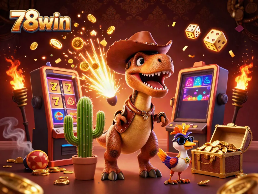 Experience thrilling wins with 78win's dynamic 3D casino art featuring a T-Rex and casino symbols bursting with excitement.