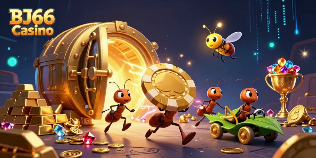 Trải nghiệm BJ66 Casino với nhóm kiến cartoon đang thực hiện vụ cướp chip poker khổng lồ.