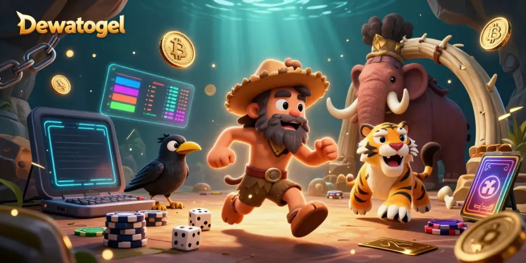 Dewatogel showcases thrilling prehistoric casino action with animated characters and vibrant game elements.