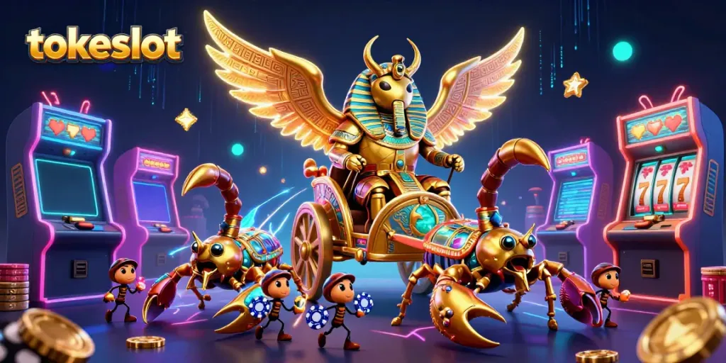 Permainan slot menarik di platform tokeslot dengan karakter 3D kolosal di atas kereta, dikelilingi mesin arcade berwarna-warni.