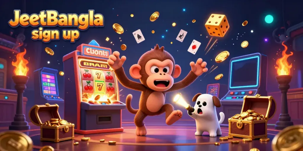 Experience the excitement of JeetBangla sign up as a mischievous monkey juggles casino elements and a curious puppy tracks it.