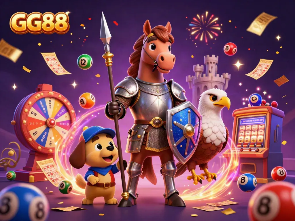 Experience the excitement of GG88 with a vibrant fantasy-themed casino illustration featuring knights, lottery balls, and golden prizes.