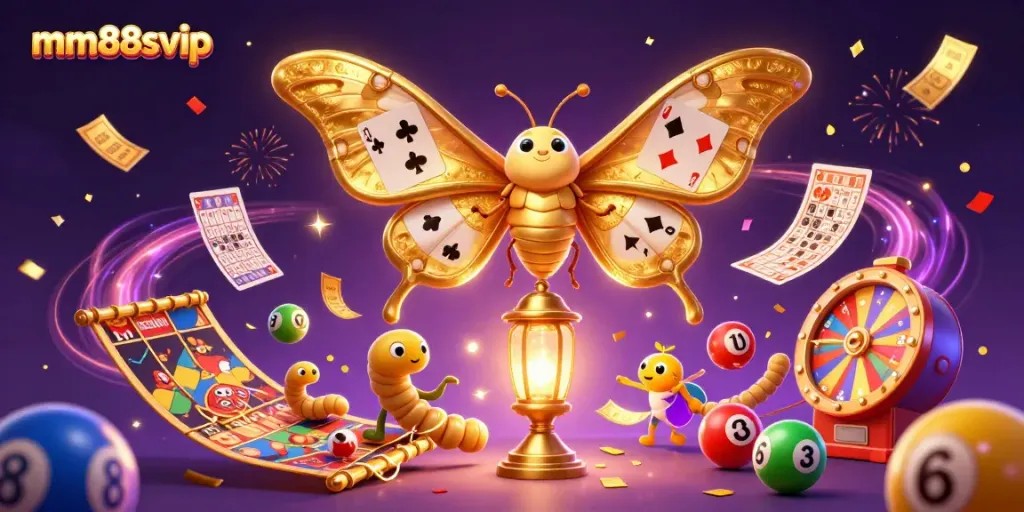 Experience the excitement of mm88svip with vibrant casino-themed elements and animated characters all around.