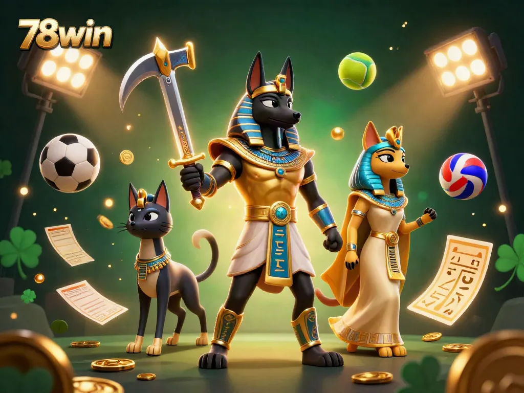 Engage with thrilling gameplay at 78win, featuring the iconic Anubis and Bastet in a dynamic gambling scene.