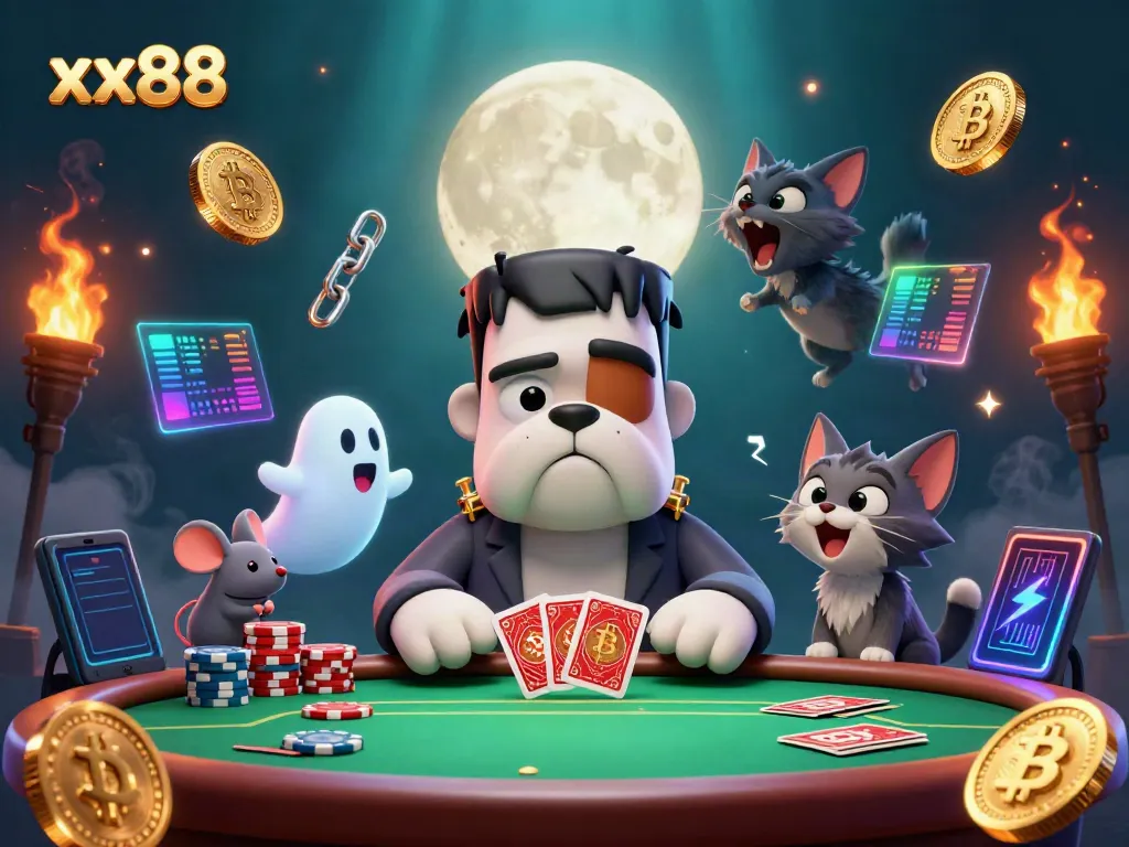 Engage in exciting xx88 action with a Frankenstein bulldog and werewolf kitten at a colorful table.