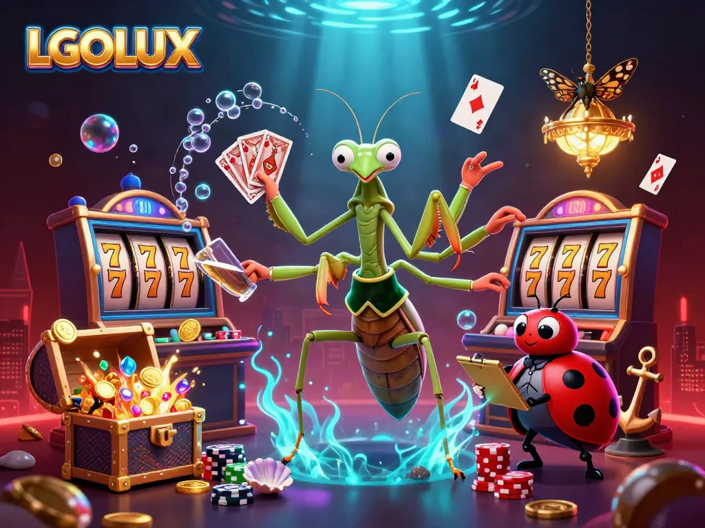 Experience thrilling gameplay with LGOLUX, showcasing vibrant slot reels and cartoon characters in an animated casino setting.