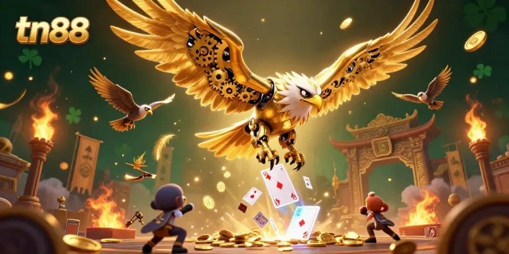 Experience the thrill of tn88 as a cybernetic eagle dives amidst vibrant casino elements in a dynamic gaming atmosphere.