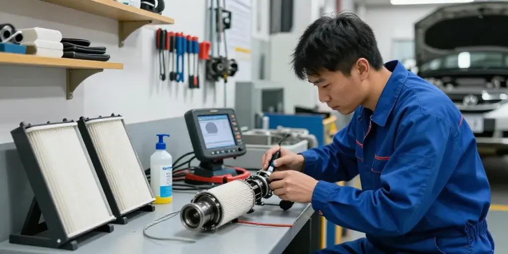 DPF reinigen process in an automotive workshop, showcasing a mechanic and cleaning equipment.