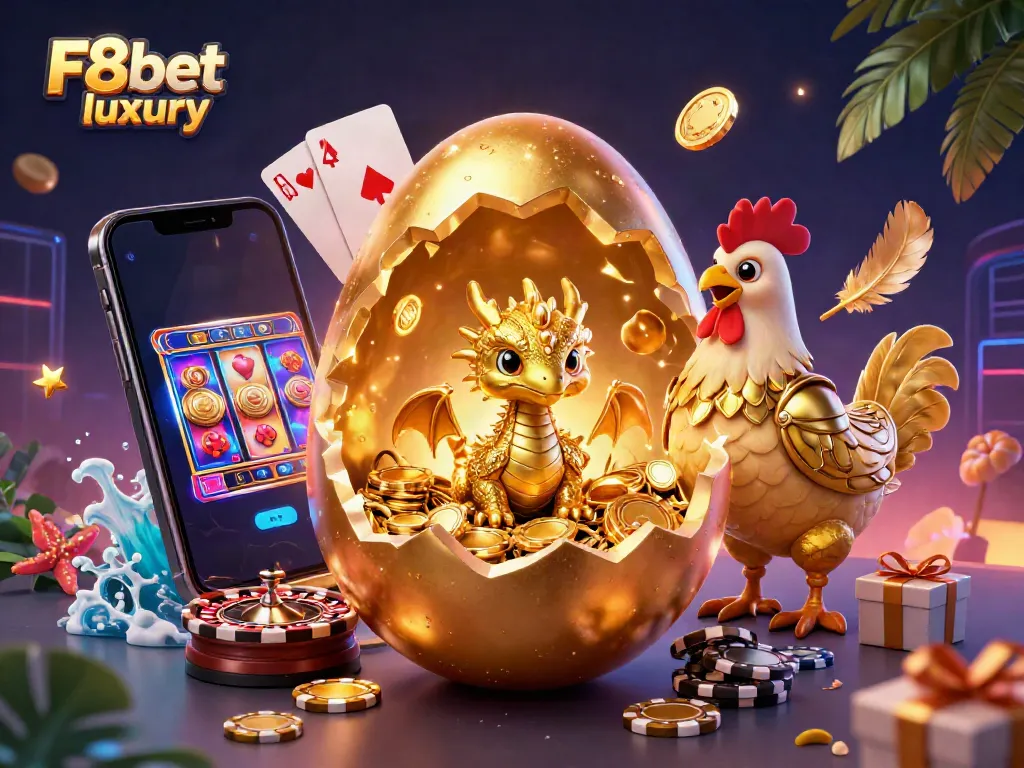 Experience F8bet luxury with a golden dragon perched on poker chips amidst vibrant casino elements.