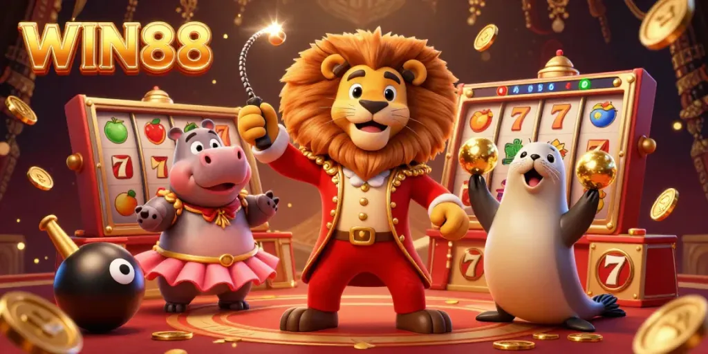 Experience the excitement of WIN88 with a vibrant 3D casino scene featuring slot elements and playful characters.