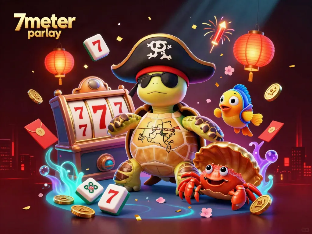 Engage with the thrilling 7meter parlay slots featuring a cartoon pirate turtle and vibrant game elements.