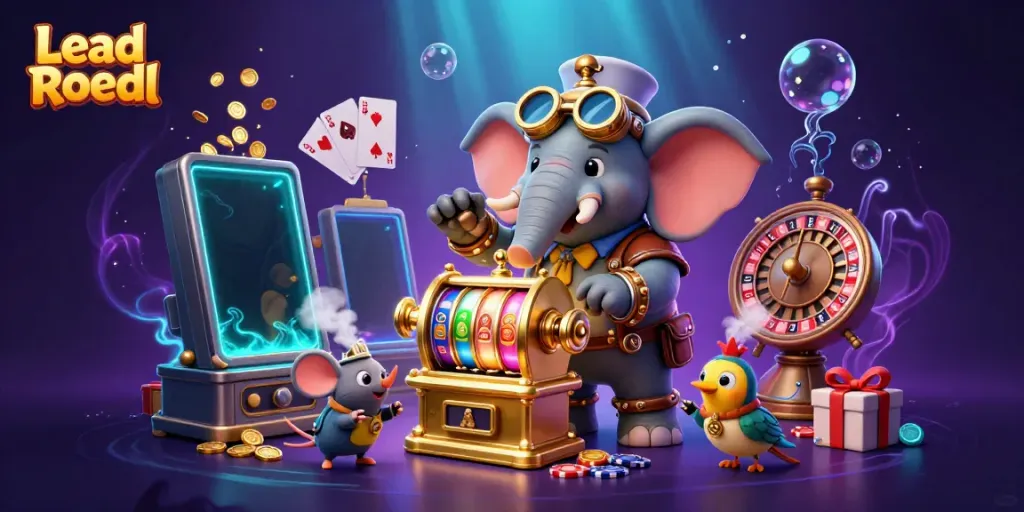 Experience the excitement of Lead Roedl with a cartoon elephant engineer operating a slot machine in a vibrant casino setting.