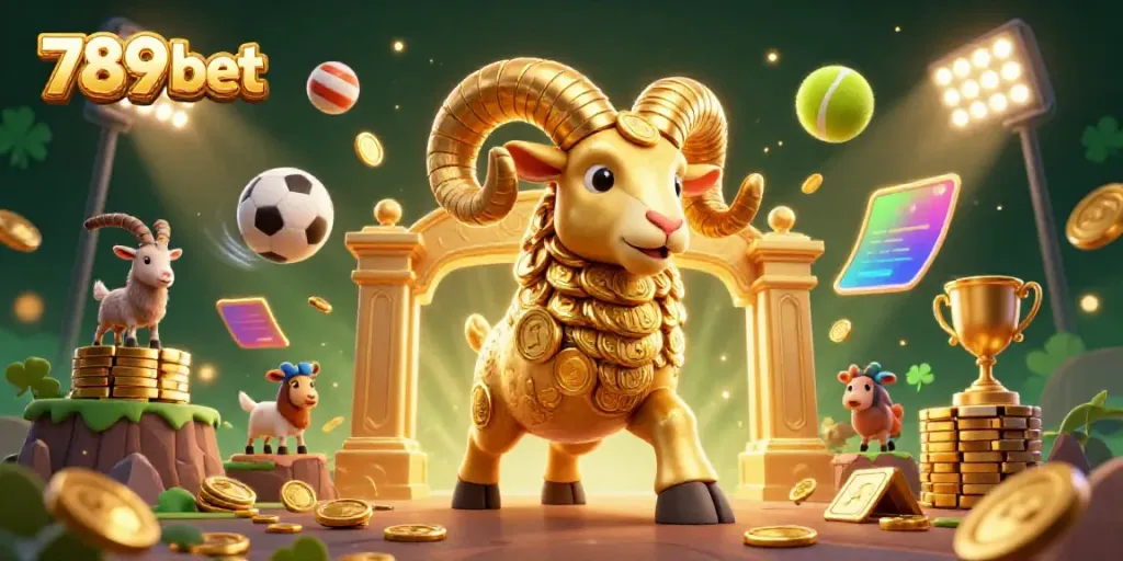 Experience thrilling moments with 789 bet in this dynamic sports betting scene featuring golden ram and sports elements.