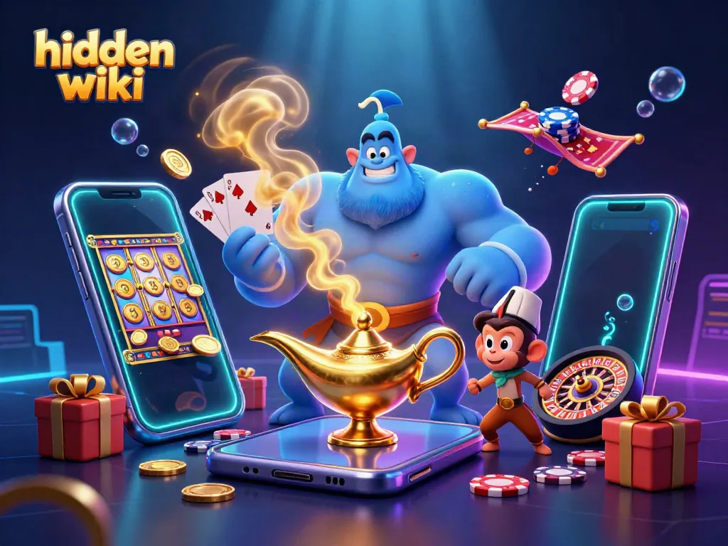 Engage with the hidden wiki through a 3D scene showcasing a genie, monkey, and poker chips in an exciting casino environment.