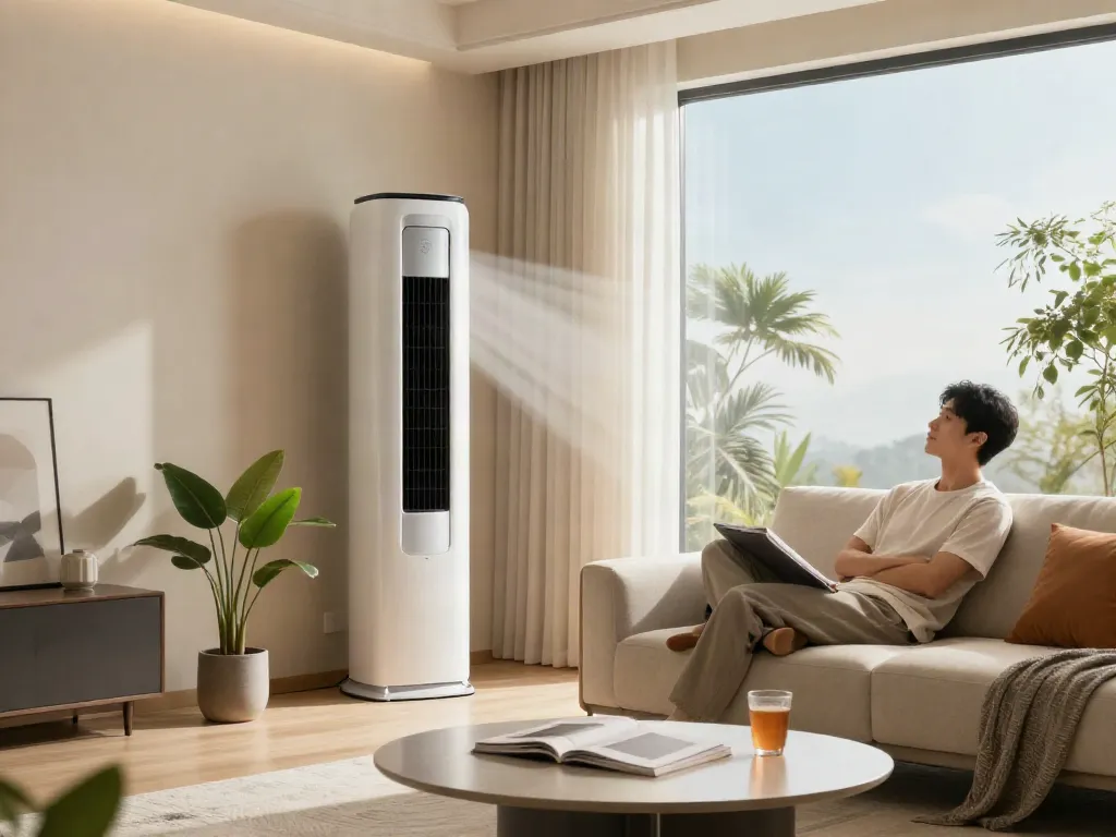 Relaxed living room with mini split air conditioner enhancing comfort and style.