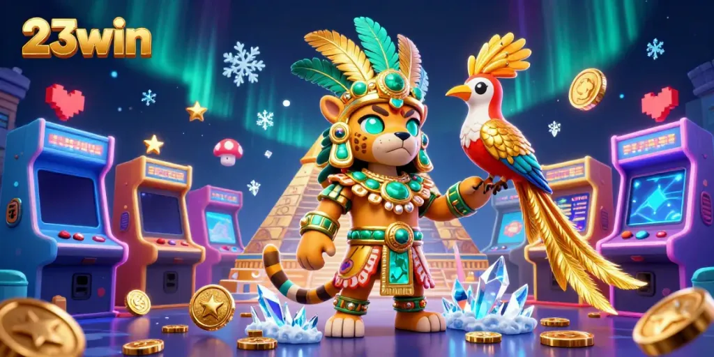 Engage with 23win’s vibrant casino scene featuring a Mayan priest, quetzal bird, and game elements.