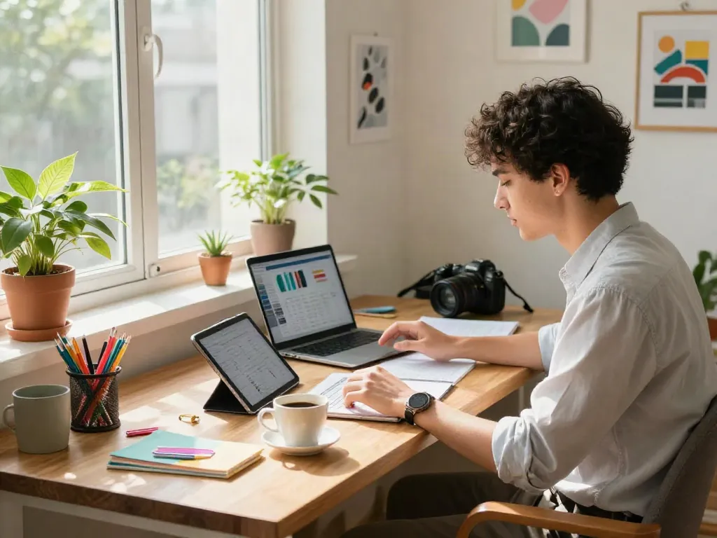 Home office with a young professional researching, embodying why not look here for creative inspiration.