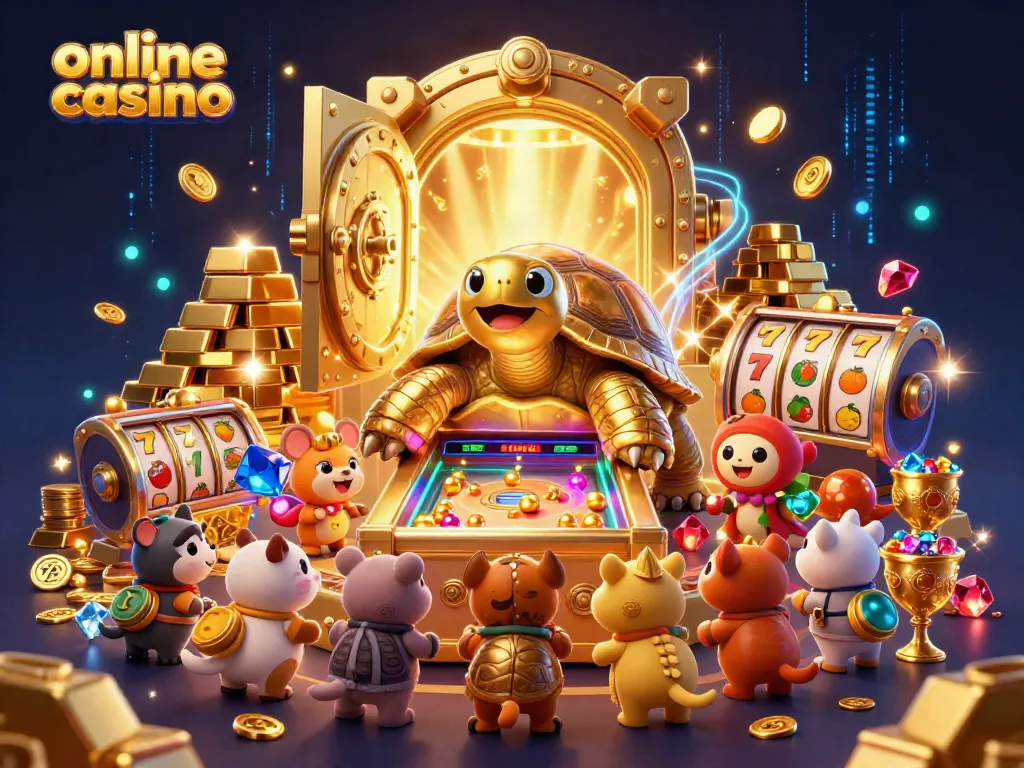 Experience the excitement of an online casino with a golden tortoise pinball machine in a vibrant treasure scene.